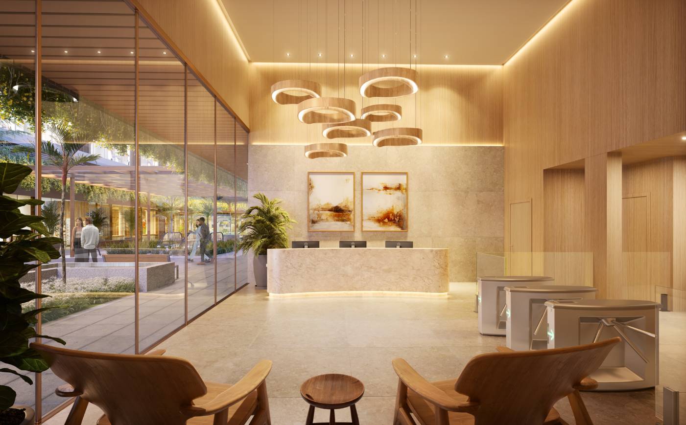 PERSPECTIVA ILUSTRATIVA DO LOBBY DE ACESSO ÀS SALAS EMPRESARIAIS, ATRAVÉS DO MALL.