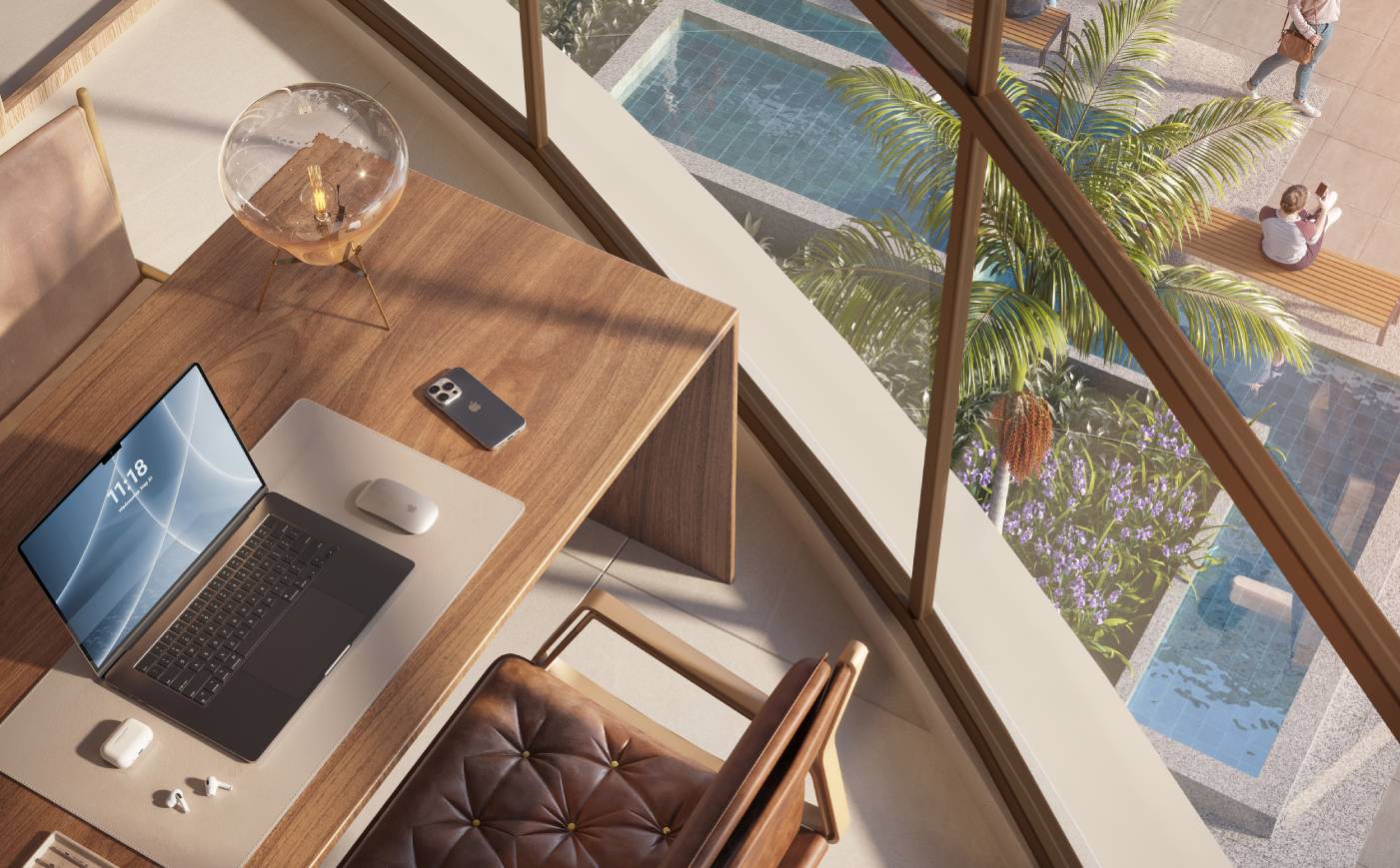 Perspectiva ilustrativa da sala empresarial com visão do mall.