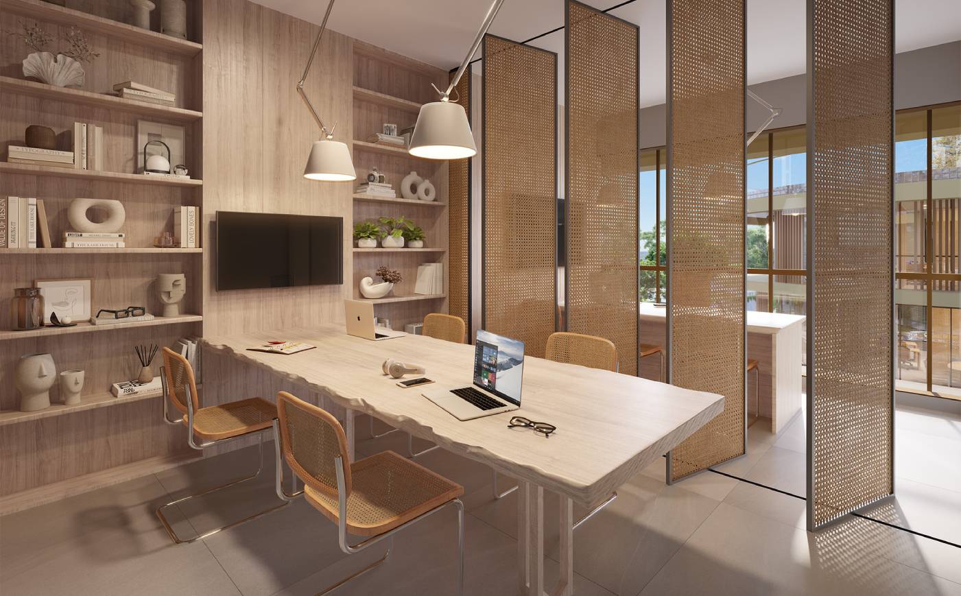 Perspectiva ilustrativa da sala empresarial de 104 m².